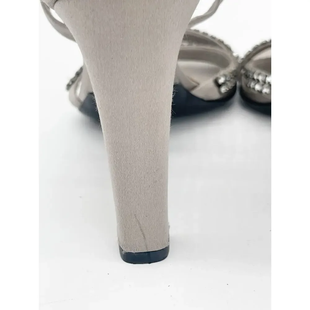 Gucci 2004 Tom Ford Silver Silk Crystal Strap Ankle Wrap Tie Heels Sandals US 8